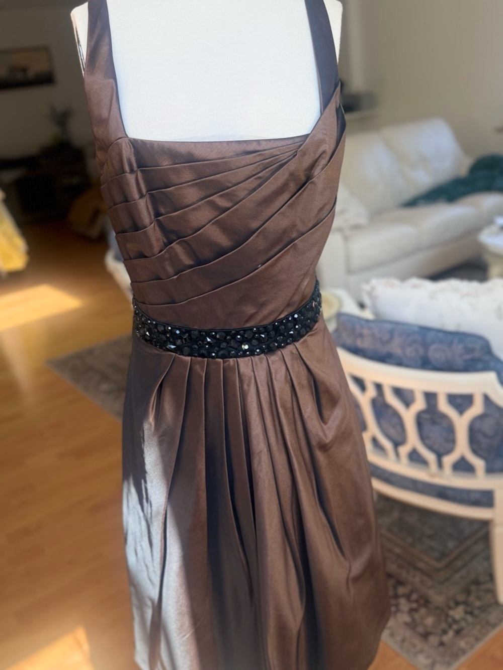 Carmen Marc Valvo Brown Satin Sleeveless Midi Dress with Beaded Waist - Picture 1 of 6